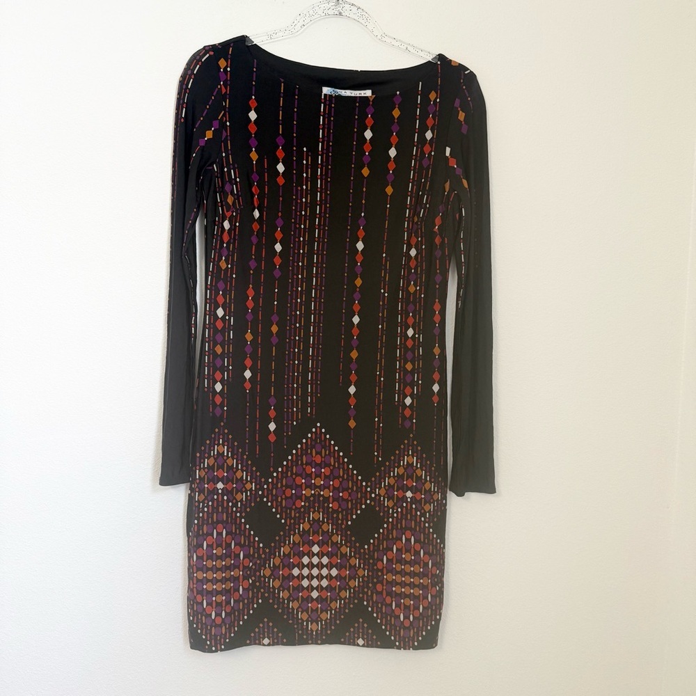 Trina Turk Black Multi long-sleeved bodycon Stretch Mini Dress Size 4